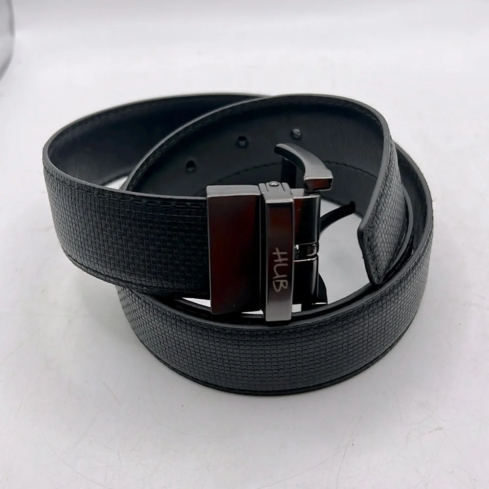 HUB Reversible Mens Belt Black Silver Smooth Textured
